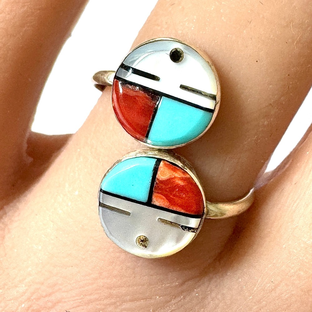 Zuni Indian Sunface Ring Wrap Adjustable Sz 7 Turquoise Inlay Woman Native Amer